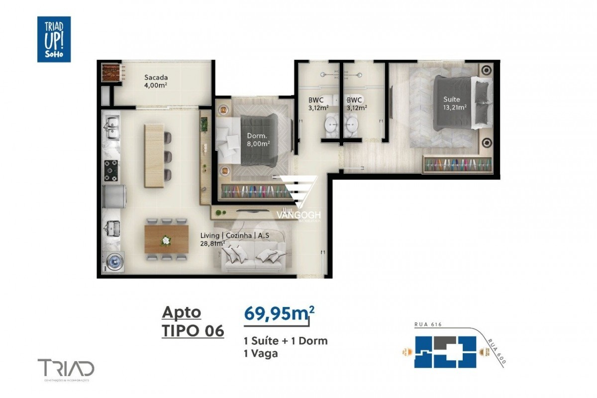 Apartamento 2 dormitórios Triad Up! Soho, Tabuleiro dos Oliveiras - ITAPEMA